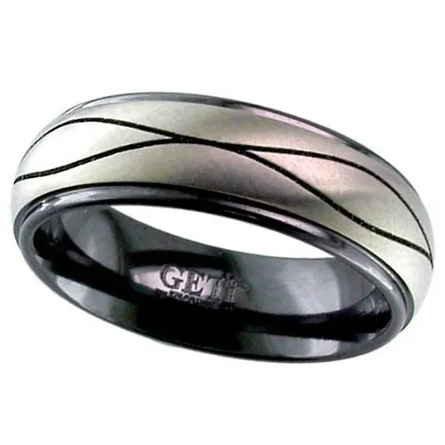 Zirconium Ring with Black Edges and Wave Detail